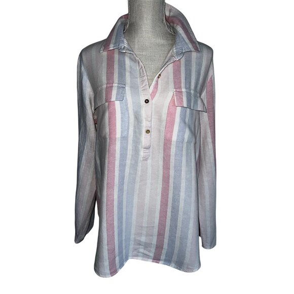 Ellen Tracy Striped Button-Front Shirt w/Roll-Tab Sleeves Womens L Pink/Blue - Picture 1 of 9